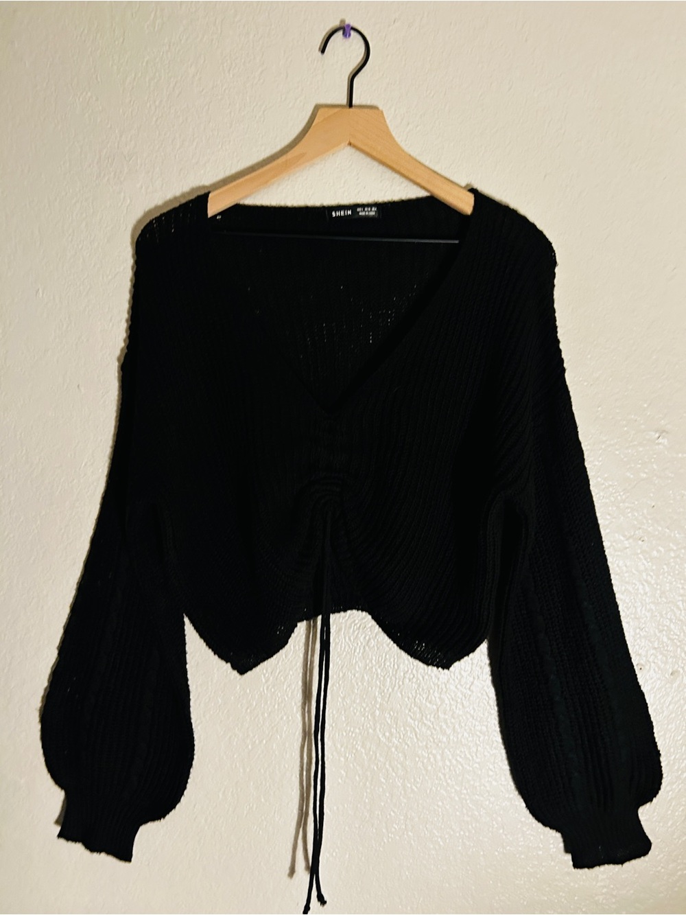SHEIN Black V-Neck Cropped Ruched Drawstring Sweater